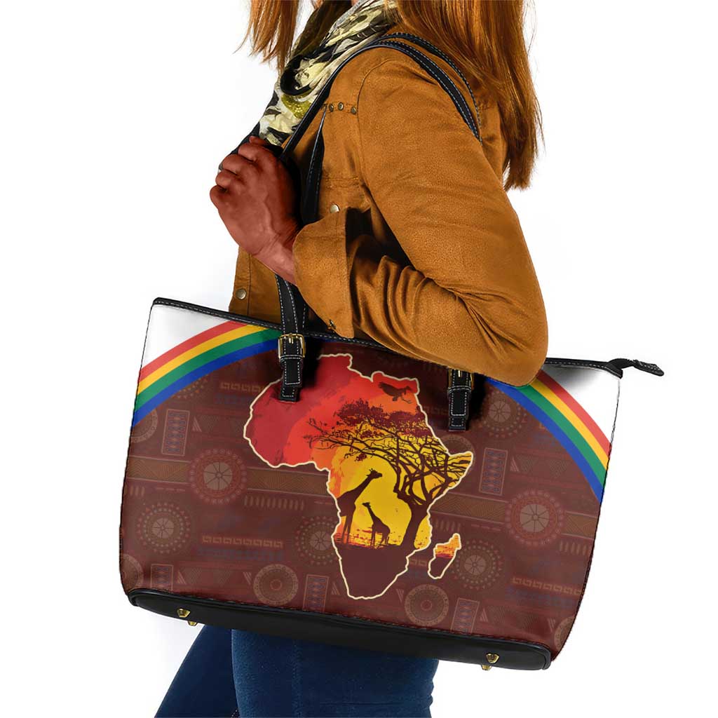 African Sunset Leather Tote Bag Tribal Pattern Continent Silhouette - Rainbow Arc Safari Scene