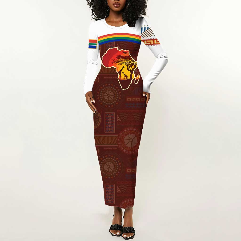 African Sunset Long Sleeve Bodycon Dress Tribal Pattern Continent Silhouette - Rainbow Arc Safari Scene TS04