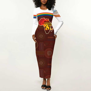 African Sunset Long Sleeve Bodycon Dress Tribal Pattern Continent Silhouette - Rainbow Arc Safari Scene TS04