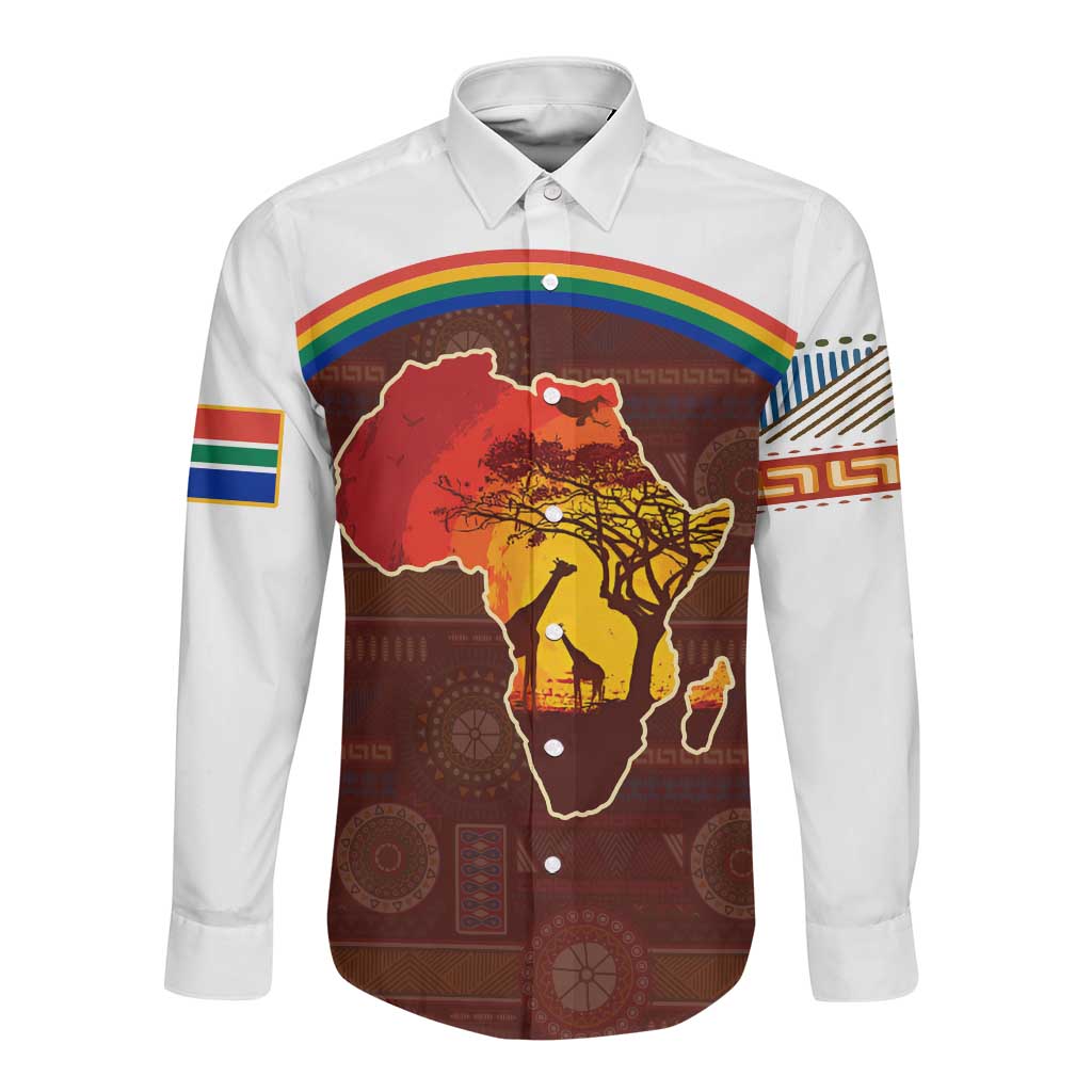 African Sunset Long Sleeve Button Shirt Tribal Pattern Continent Silhouette - Rainbow Arc Safari Scene