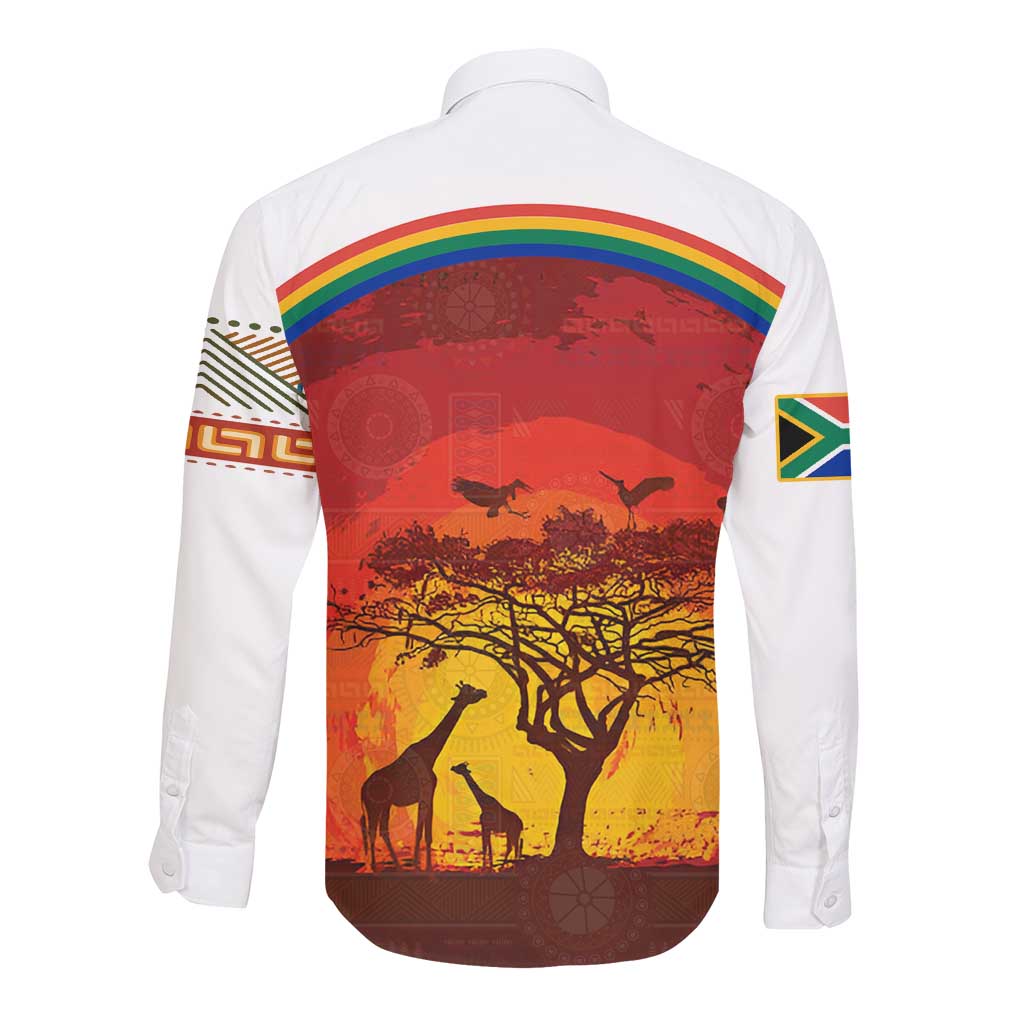 African Sunset Long Sleeve Button Shirt Tribal Pattern Continent Silhouette - Rainbow Arc Safari Scene