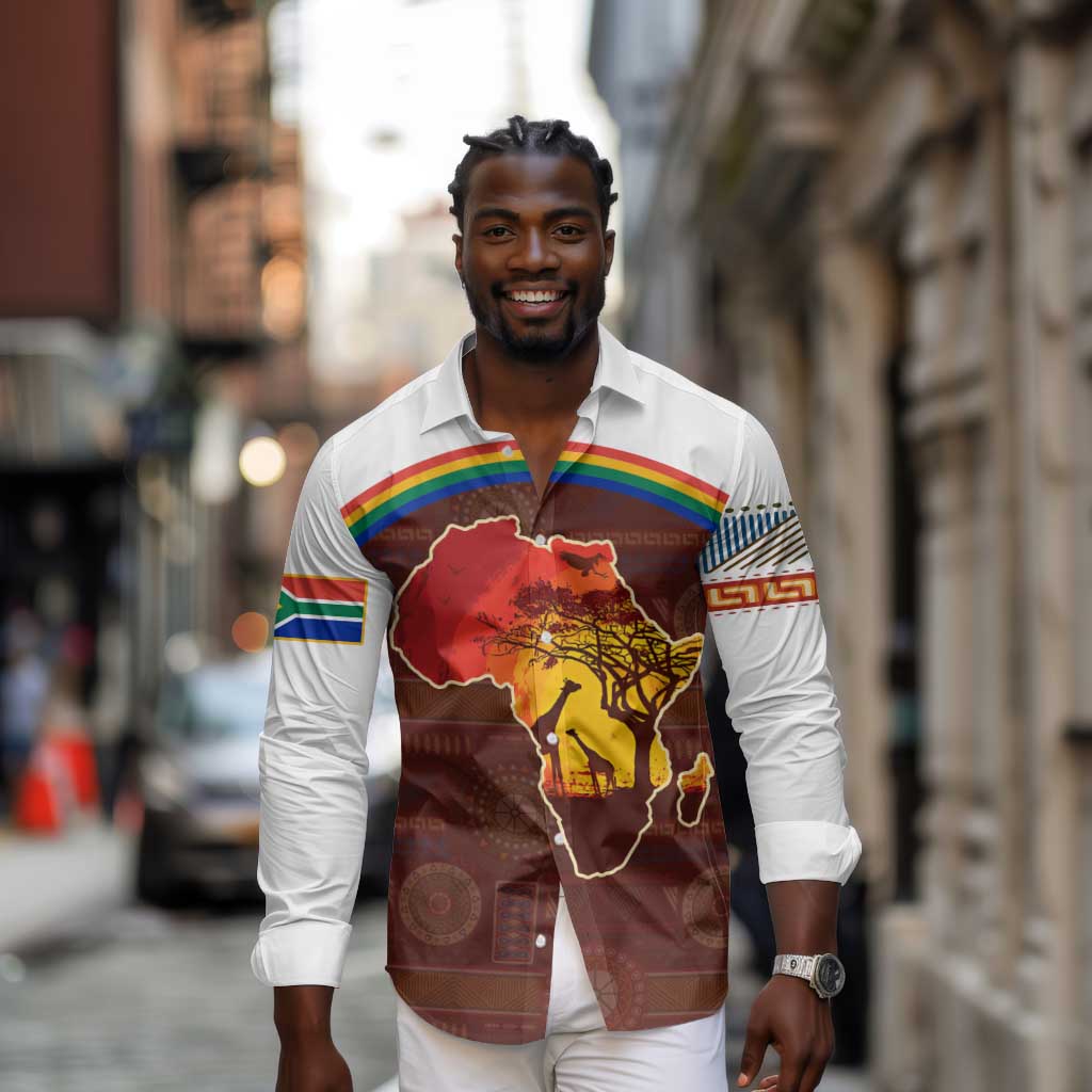 African Sunset Long Sleeve Button Shirt Tribal Pattern Continent Silhouette - Rainbow Arc Safari Scene