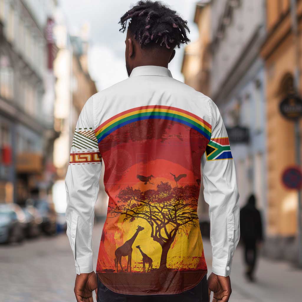African Sunset Long Sleeve Button Shirt Tribal Pattern Continent Silhouette - Rainbow Arc Safari Scene