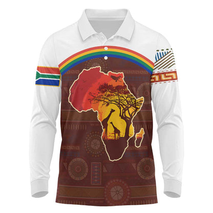 African Sunset Long Sleeve Polo Shirt Tribal Pattern Continent Silhouette - Rainbow Arc Safari Scene