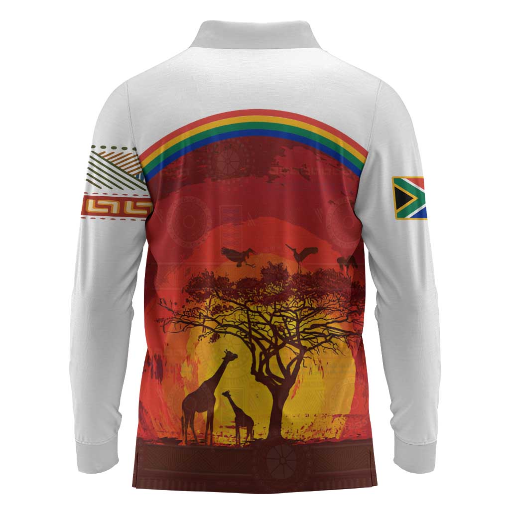 African Sunset Long Sleeve Polo Shirt Tribal Pattern Continent Silhouette - Rainbow Arc Safari Scene