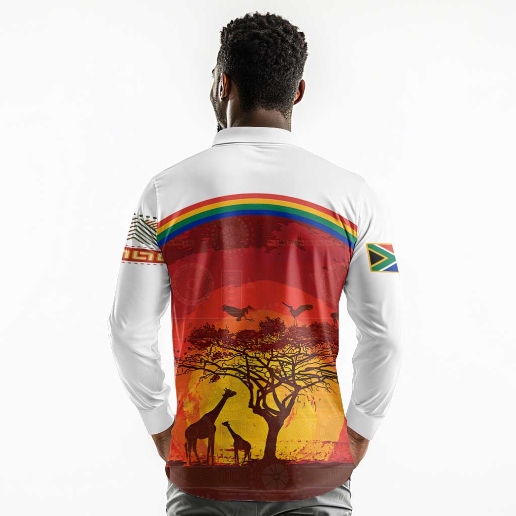African Sunset Long Sleeve Polo Shirt Tribal Pattern Continent Silhouette - Rainbow Arc Safari Scene