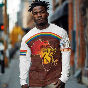 African Sunset Long Sleeve Shirt Tribal Pattern Continent Silhouette - Rainbow Arc Safari Scene