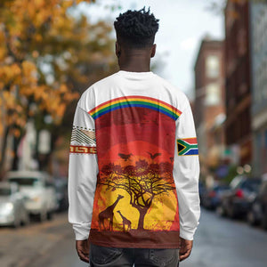 African Sunset Long Sleeve Shirt Tribal Pattern Continent Silhouette - Rainbow Arc Safari Scene