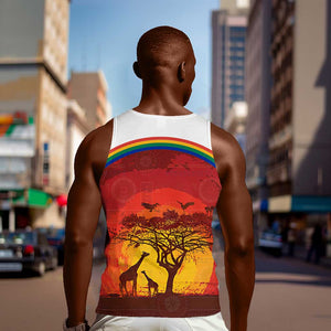 African Sunset Men Tank Top Tribal Pattern Continent Silhouette - Rainbow Arc Safari Scene