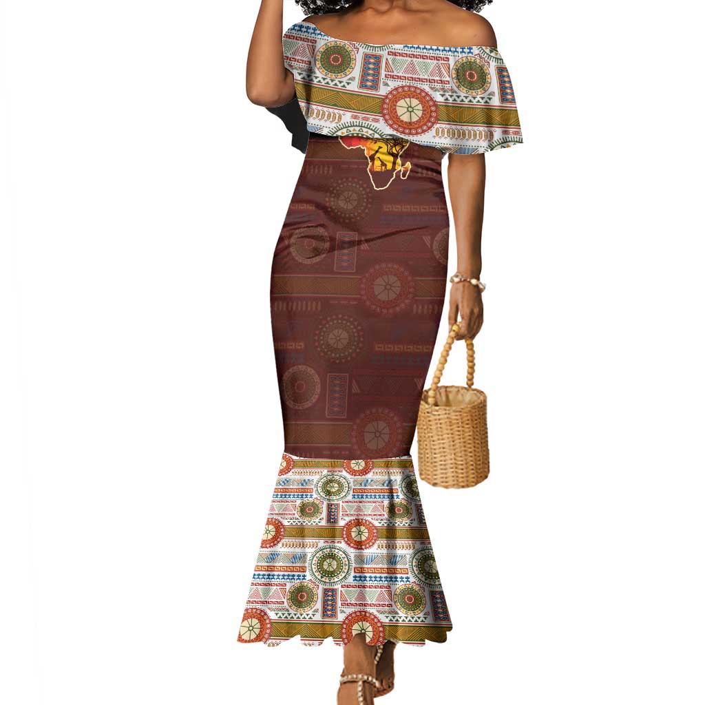 African Sunset Mermaid Dress Tribal Pattern Continent Silhouette - Rainbow Arc Safari Scene