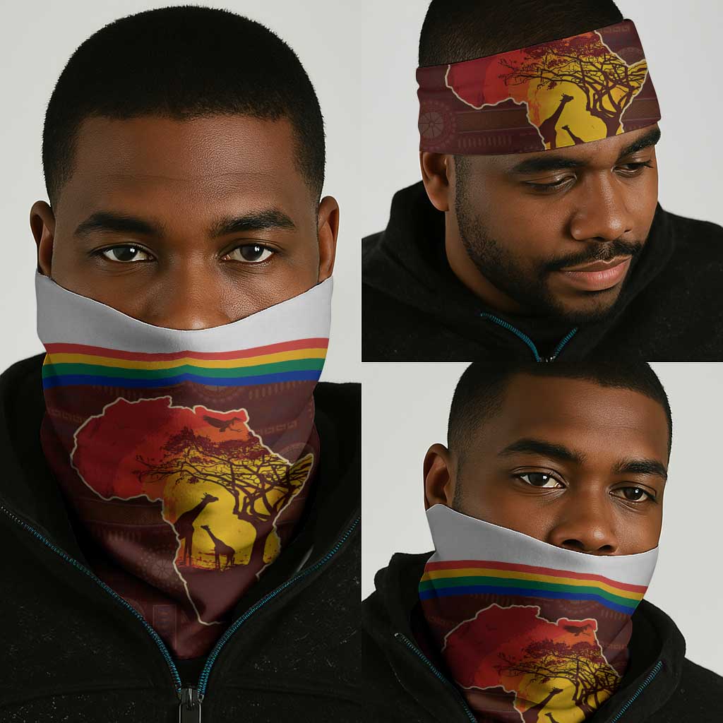 African Sunset Neck Gaiter Tribal Pattern Continent Silhouette - Rainbow Arc Safari Scene TS04