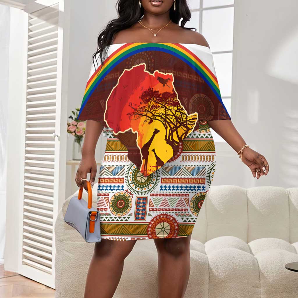 African Sunset Off Shoulder Short Dress Tribal Pattern Continent Silhouette - Rainbow Arc Safari Scene