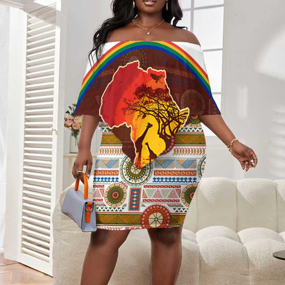 African Sunset Off Shoulder Short Dress Tribal Pattern Continent Silhouette - Rainbow Arc Safari Scene