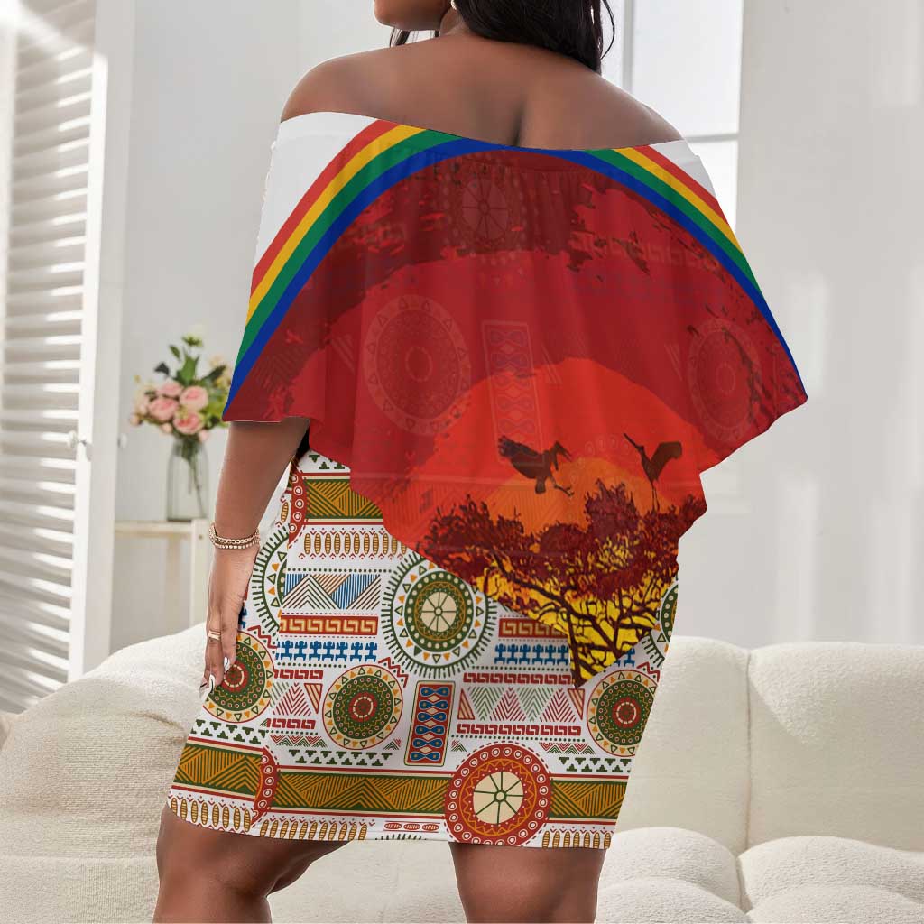 African Sunset Off Shoulder Short Dress Tribal Pattern Continent Silhouette - Rainbow Arc Safari Scene
