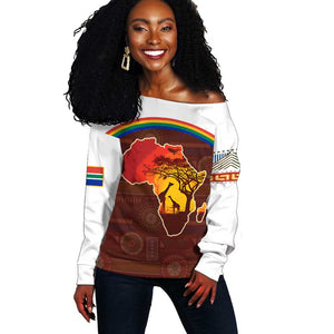 African Sunset Off Shoulder Sweater Tribal Pattern Continent Silhouette - Rainbow Arc Safari Scene