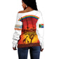 African Sunset Off Shoulder Sweater Tribal Pattern Continent Silhouette - Rainbow Arc Safari Scene