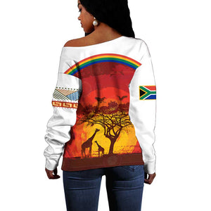 African Sunset Off Shoulder Sweater Tribal Pattern Continent Silhouette - Rainbow Arc Safari Scene
