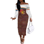 African Sunset Off The Shoulder Long Sleeve Dress Tribal Pattern Continent Silhouette - Rainbow Arc Safari Scene