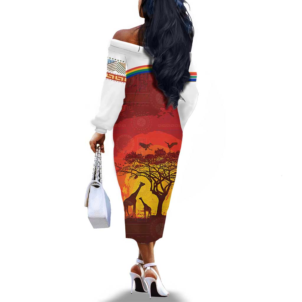 African Sunset Off The Shoulder Long Sleeve Dress Tribal Pattern Continent Silhouette - Rainbow Arc Safari Scene