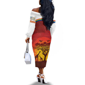 African Sunset Off The Shoulder Long Sleeve Dress Tribal Pattern Continent Silhouette - Rainbow Arc Safari Scene