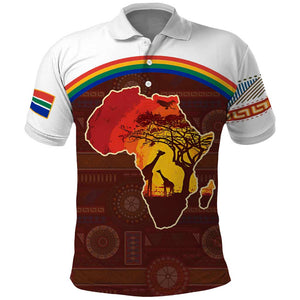 African Sunset Polo Shirt Tribal Pattern Continent Silhouette - Rainbow Arc Safari Scene