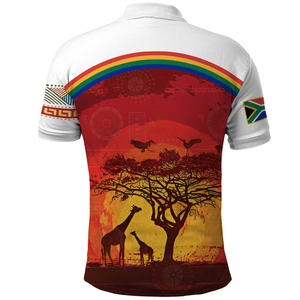 African Sunset Polo Shirt Tribal Pattern Continent Silhouette - Rainbow Arc Safari Scene