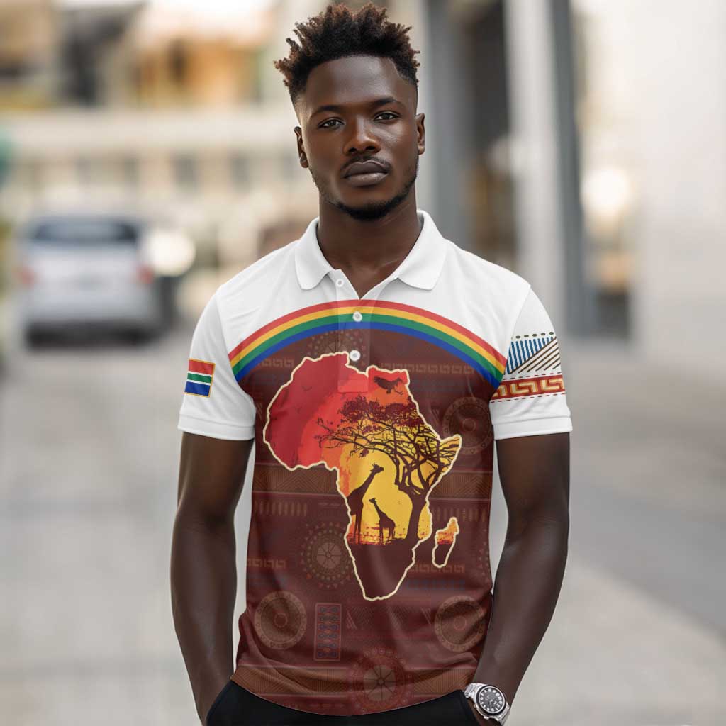 African Sunset Polo Shirt Tribal Pattern Continent Silhouette - Rainbow Arc Safari Scene