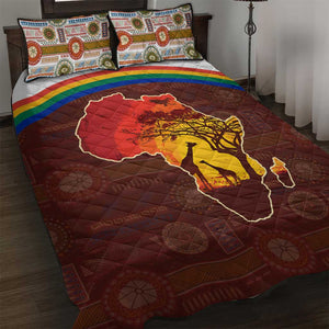 African Sunset Quilt Bed Set Tribal Pattern Continent Silhouette - Rainbow Arc Safari Scene