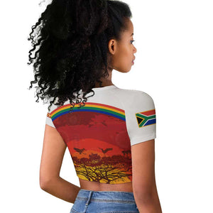 African Sunset Raglan Cropped T shirt Tribal Pattern Continent Silhouette - Rainbow Arc Safari Scene