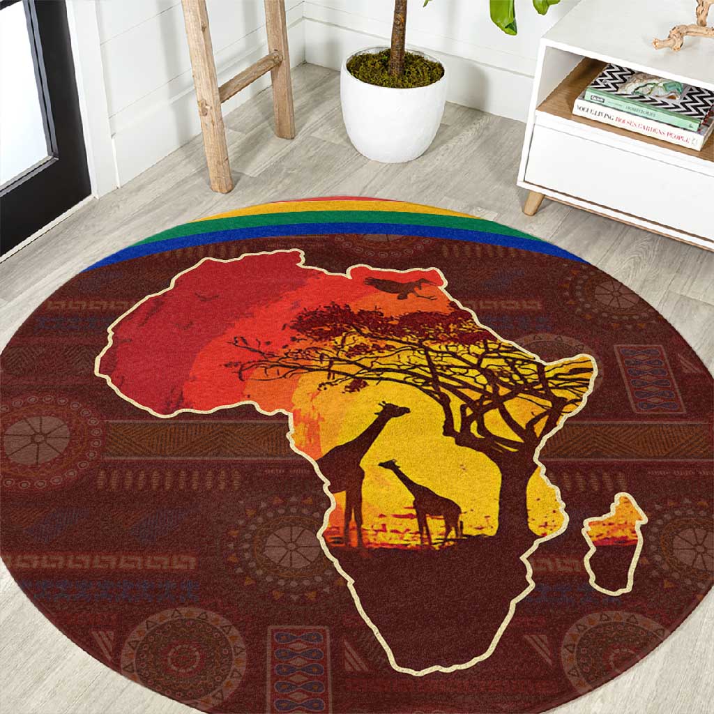 African Sunset Round Carpet Tribal Pattern Continent Silhouette - Rainbow Arc Safari Scene