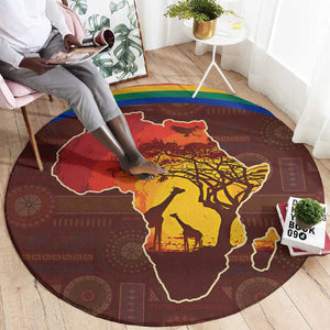 African Sunset Round Carpet Tribal Pattern Continent Silhouette - Rainbow Arc Safari Scene