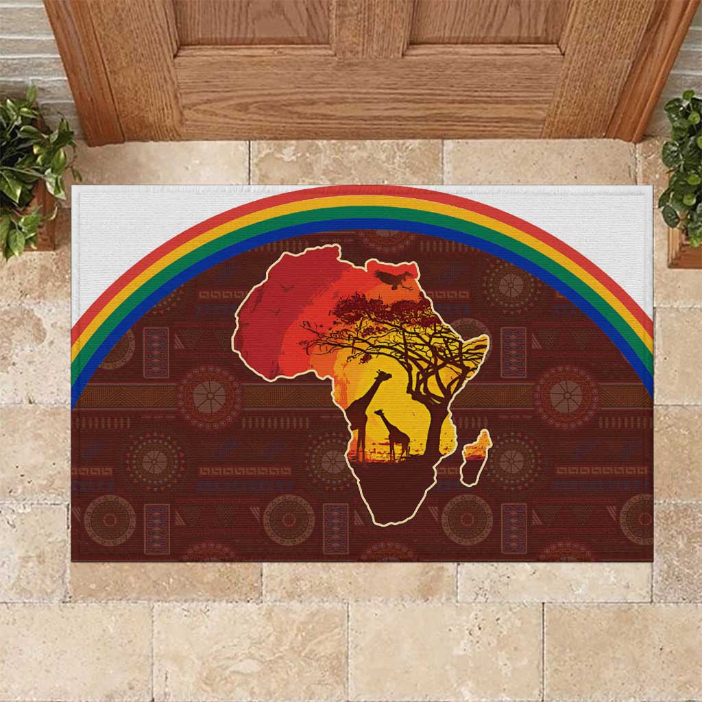 African Sunset Rubber Doormat Tribal Pattern Continent Silhouette - Rainbow Arc Safari Scene