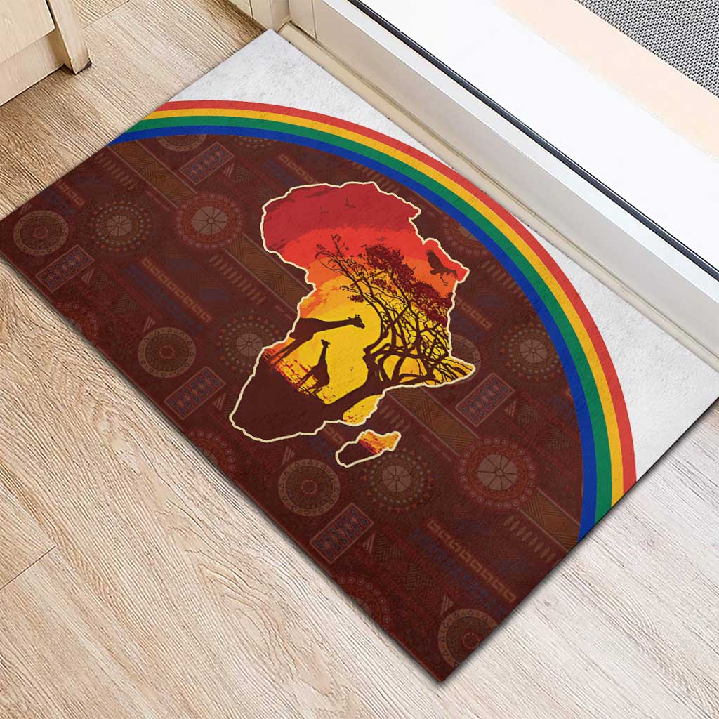 African Sunset Rubber Doormat Tribal Pattern Continent Silhouette - Rainbow Arc Safari Scene