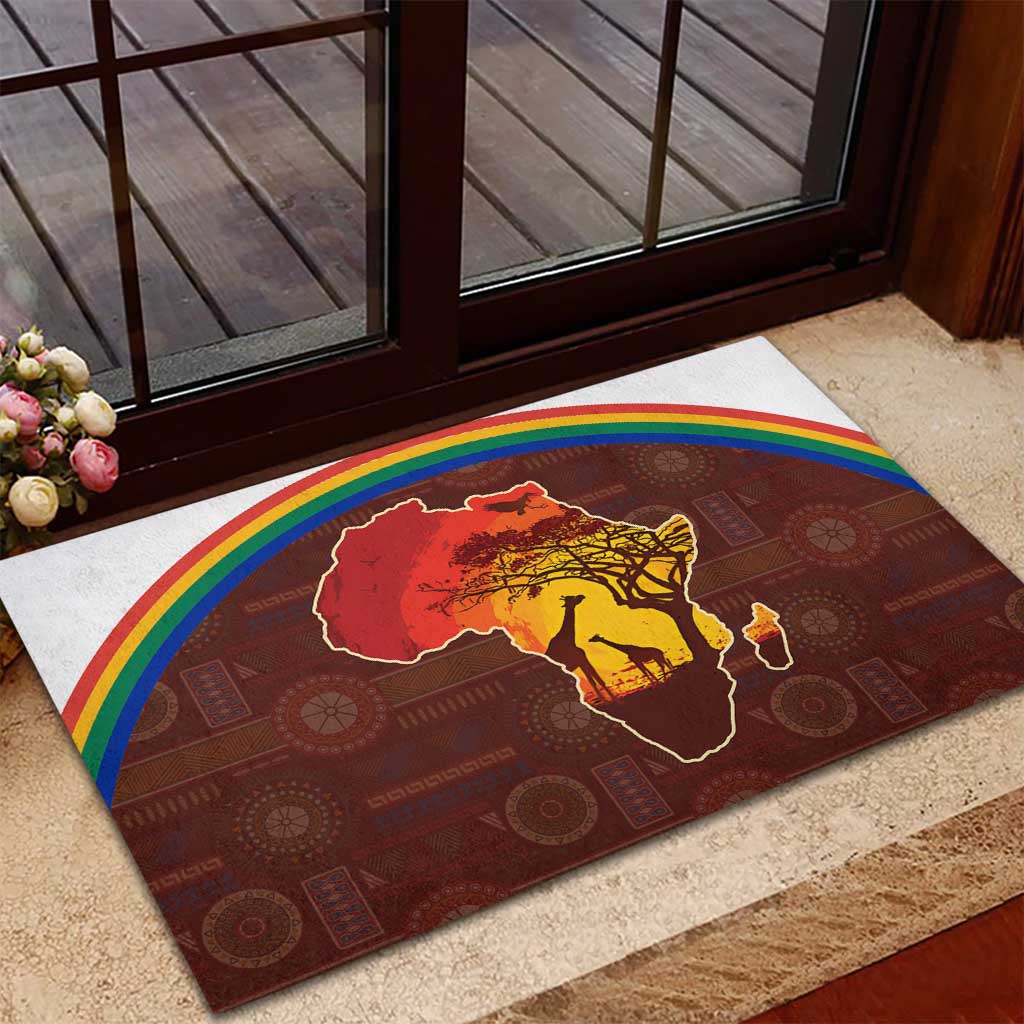 African Sunset Rubber Doormat Tribal Pattern Continent Silhouette - Rainbow Arc Safari Scene