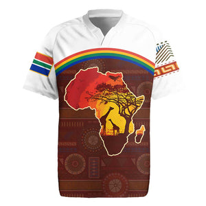 African Sunset Rugby Jersey Tribal Pattern Continent Silhouette - Rainbow Arc Safari Scene