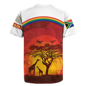 African Sunset Rugby Jersey Tribal Pattern Continent Silhouette - Rainbow Arc Safari Scene