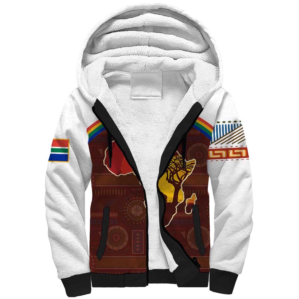 African Sunset Sherpa Hoodie Tribal Pattern Continent Silhouette - Rainbow Arc Safari Scene
