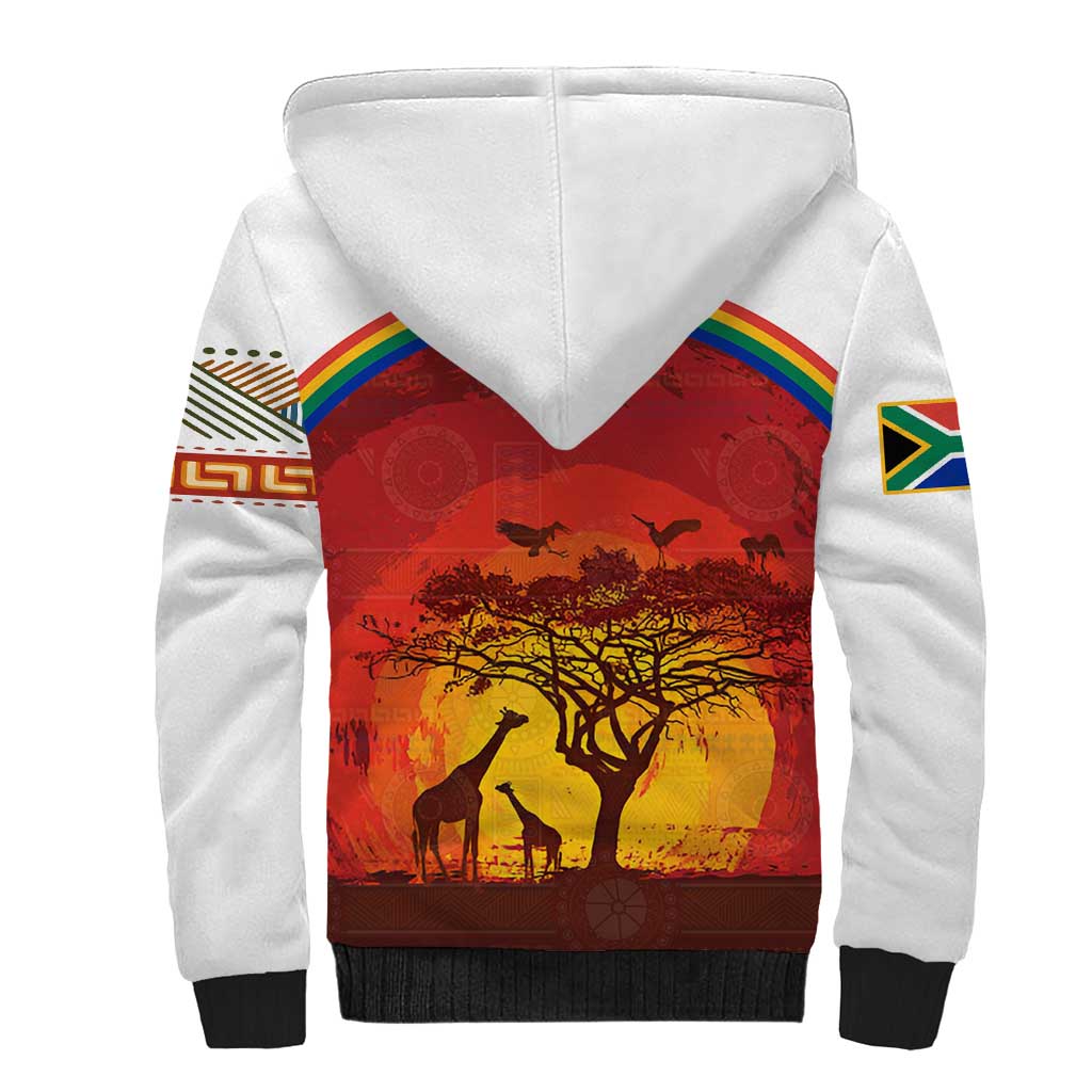 African Sunset Sherpa Hoodie Tribal Pattern Continent Silhouette - Rainbow Arc Safari Scene