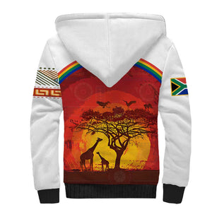 African Sunset Sherpa Hoodie Tribal Pattern Continent Silhouette - Rainbow Arc Safari Scene