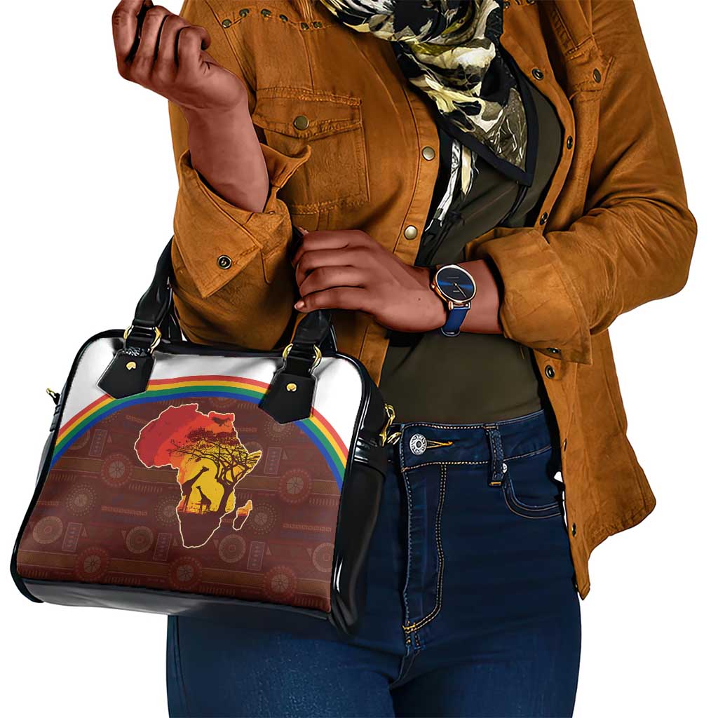 African Sunset Shoulder Handbag Tribal Pattern Continent Silhouette - Rainbow Arc Safari Scene