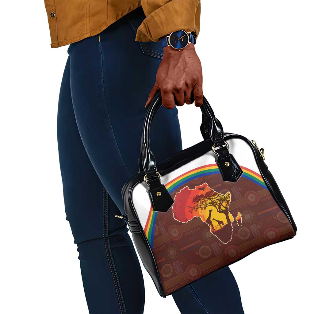 African Sunset Shoulder Handbag Tribal Pattern Continent Silhouette - Rainbow Arc Safari Scene
