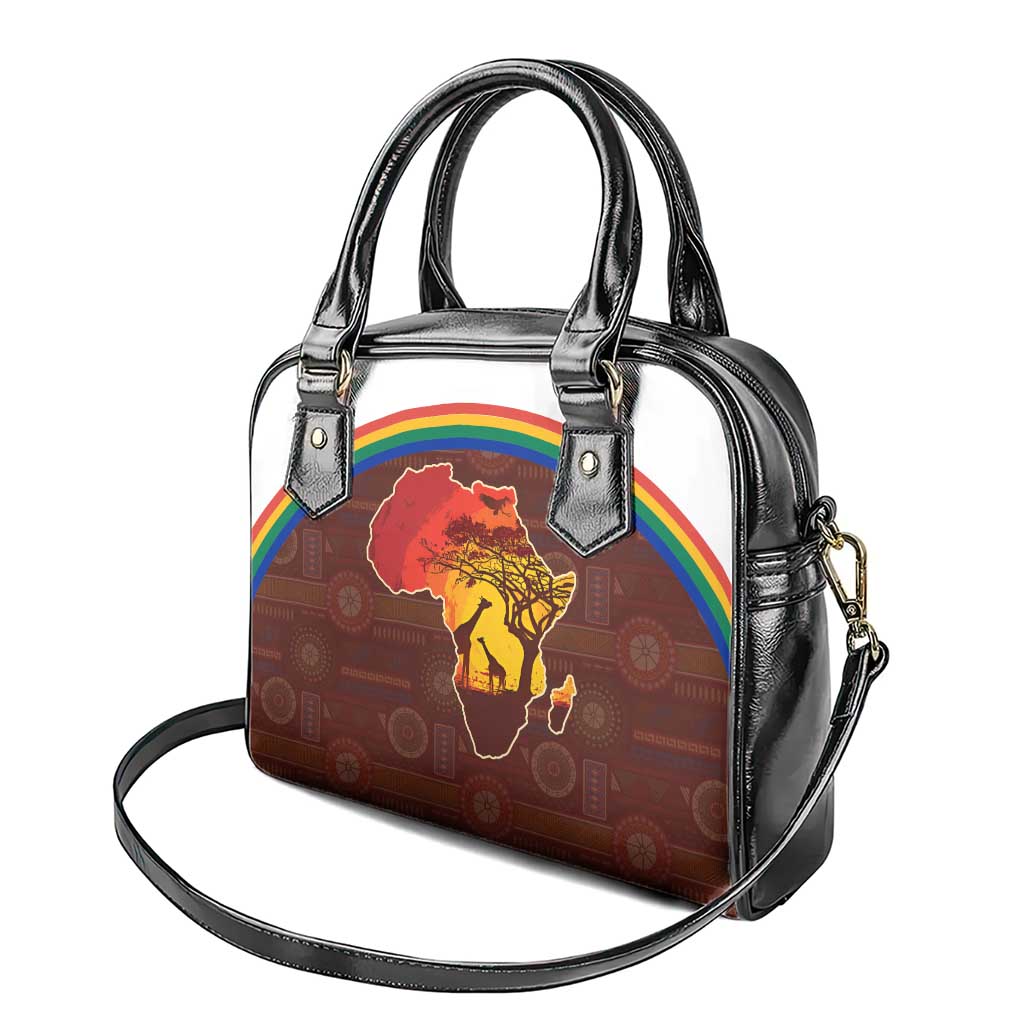 African Sunset Shoulder Handbag Tribal Pattern Continent Silhouette - Rainbow Arc Safari Scene