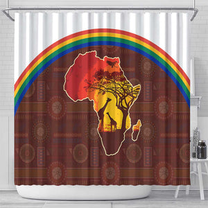 African Sunset Shower Curtain Tribal Pattern Continent Silhouette - Rainbow Arc Safari Scene
