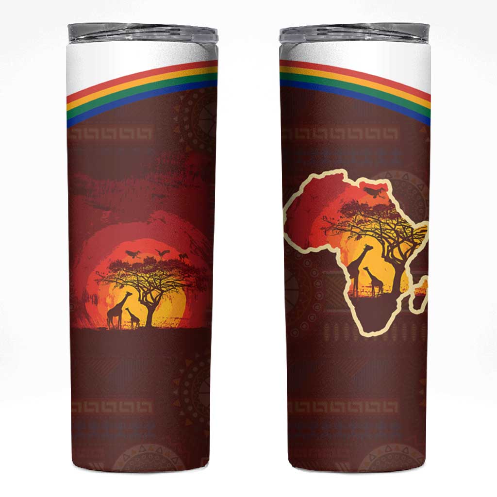 African Sunset Skinny Tumbler Tribal Pattern Continent Silhouette - Rainbow Arc Safari Scene