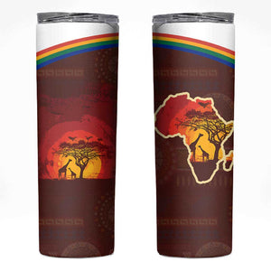 African Sunset Skinny Tumbler Tribal Pattern Continent Silhouette - Rainbow Arc Safari Scene