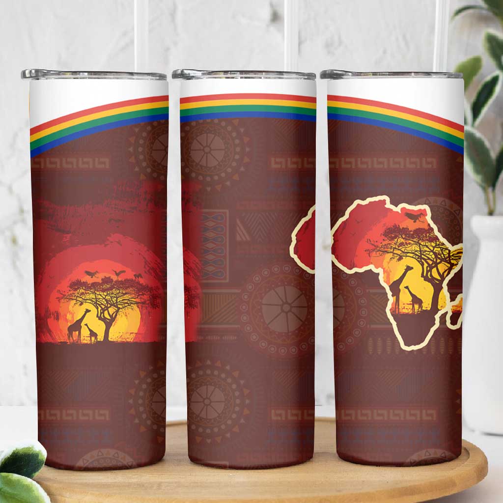 African Sunset Skinny Tumbler Tribal Pattern Continent Silhouette - Rainbow Arc Safari Scene