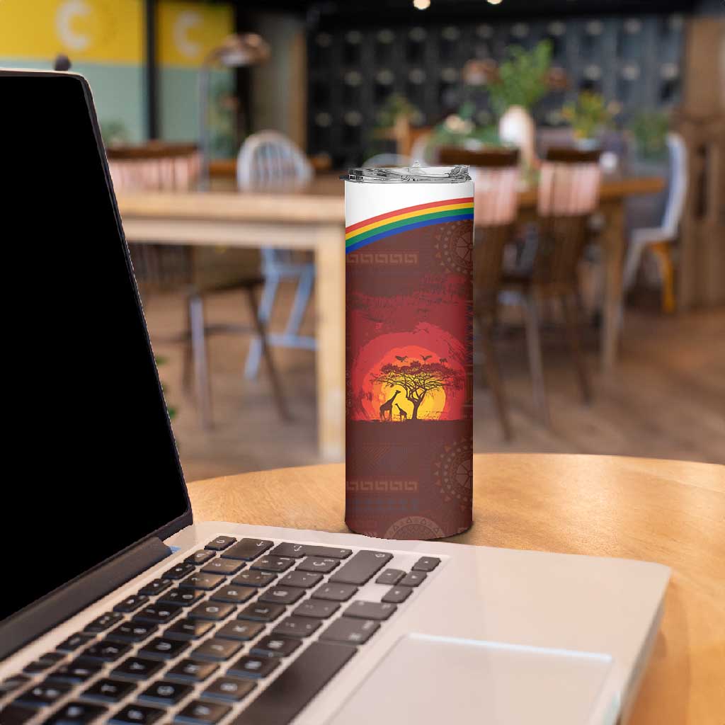 African Sunset Skinny Tumbler Tribal Pattern Continent Silhouette - Rainbow Arc Safari Scene