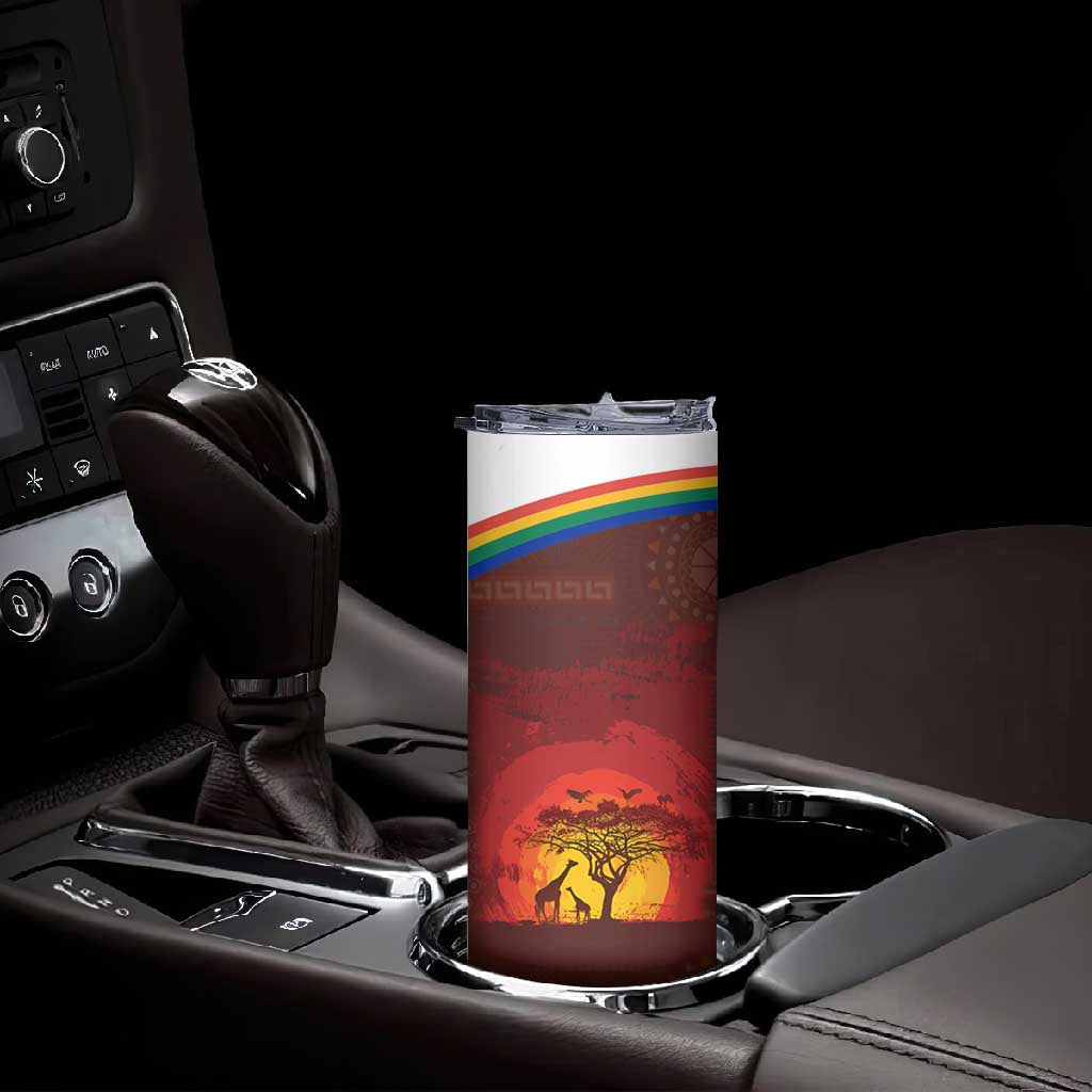 African Sunset Skinny Tumbler Tribal Pattern Continent Silhouette - Rainbow Arc Safari Scene
