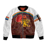 African Sunset Sleeve Zip Bomber Jacket Tribal Pattern Continent Silhouette - Rainbow Arc Safari Scene