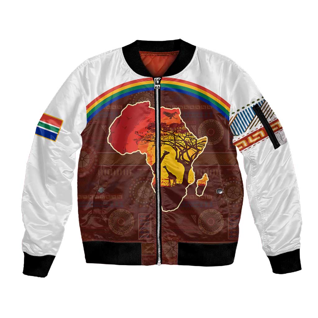 African Sunset Sleeve Zip Bomber Jacket Tribal Pattern Continent Silhouette - Rainbow Arc Safari Scene
